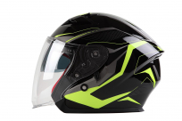 OF 878 Skútrová helma otevřená s plexi a sluneční clonou - černo/zelená reflexní